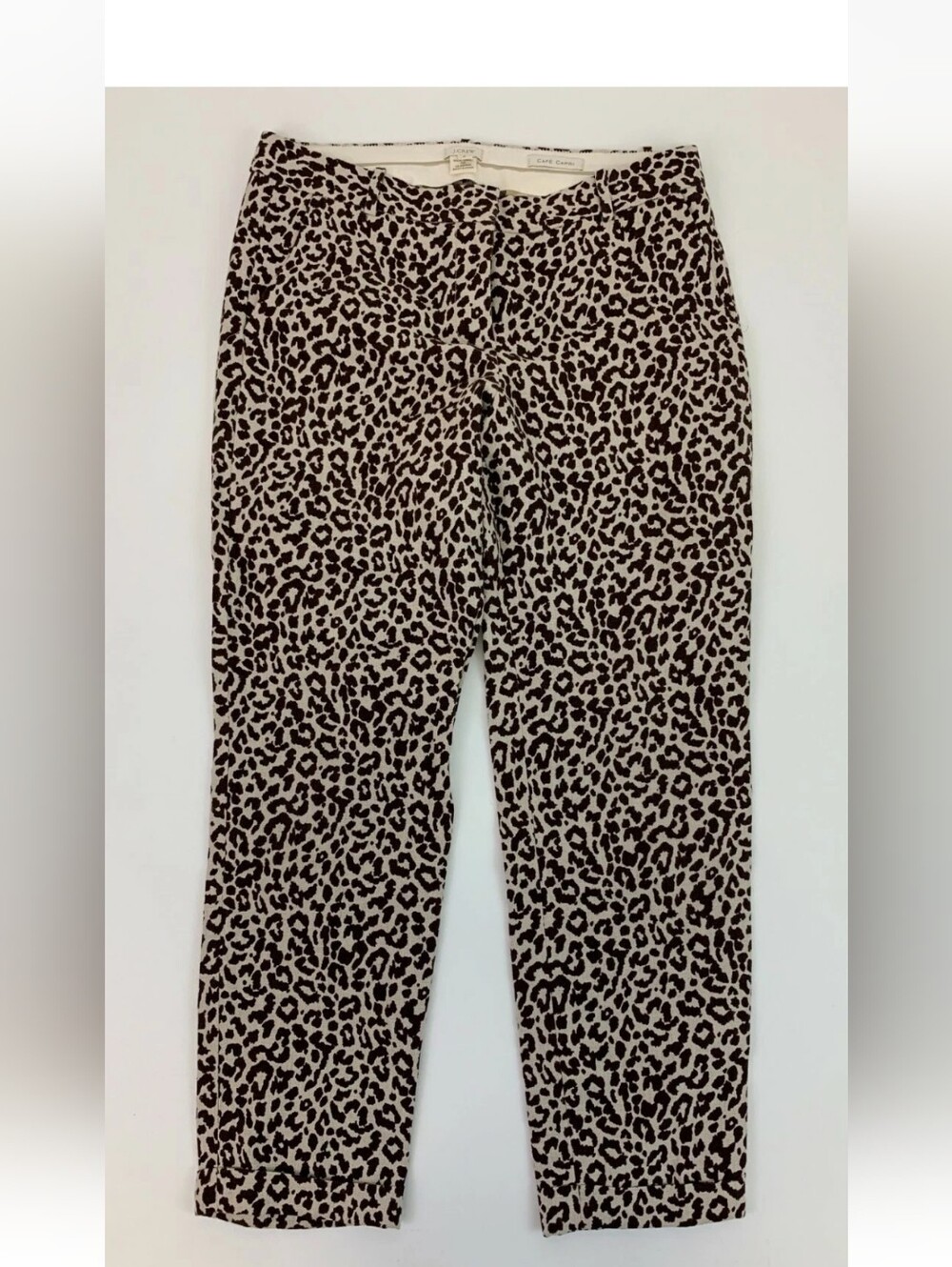 J. Crew Cafe Capri 100% Linen Cuffed Pants Safari Cat Cheetah Print Size 2